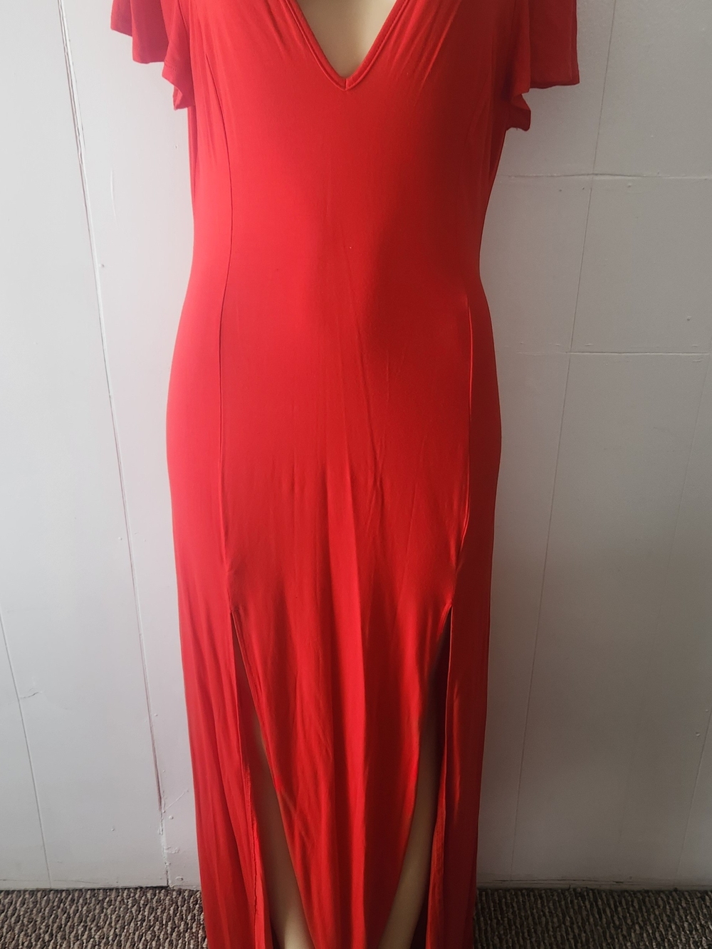 Red V-Neck Maxi Dress with Front Slits